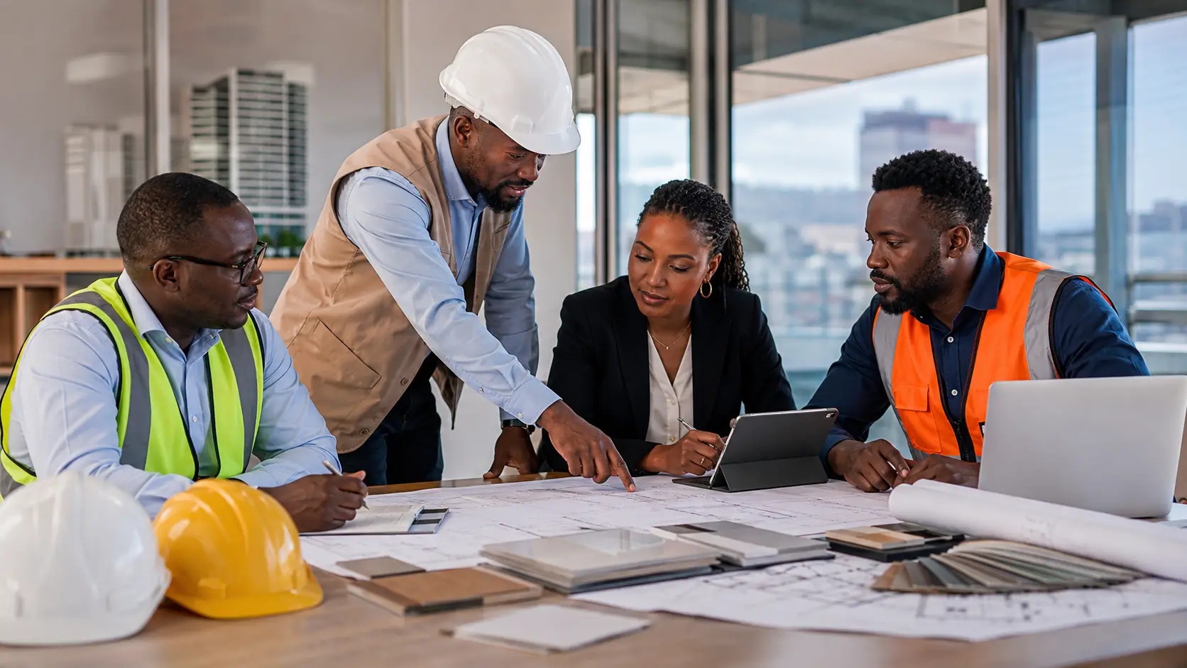 Construction buyer reviewing materials and order information